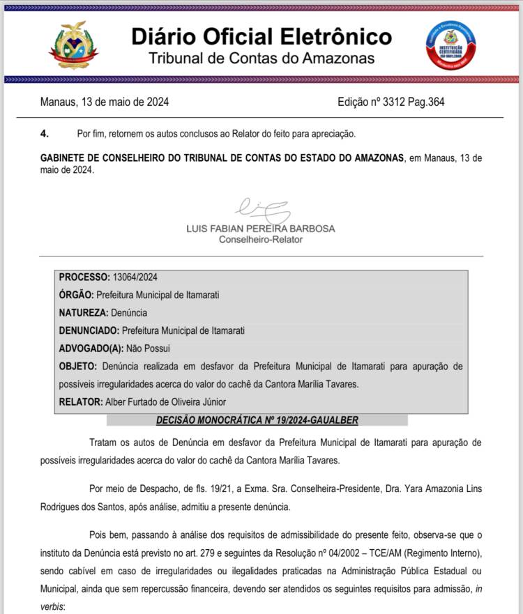 Por irregularidade no pagamento do show de Marília Tavares, TCE suspende show que seria hoje 15/04 em Itamarati