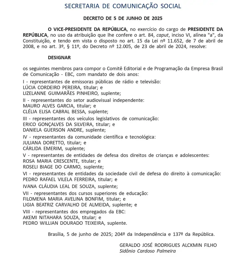 Imprensa Nacional Decreto Comitê Editorial EBC