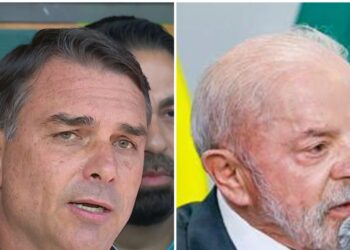 Montagem com o senador Flávio Bolsonaro e o presidente Lula